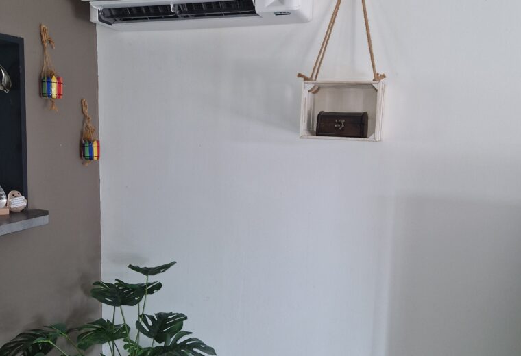 Intérieur décoré avec un climatiseur mural blanc Daikin, une grande plante verte en pot, une lampe projecteur sur trépied, et une étagère murale suspendue en bois