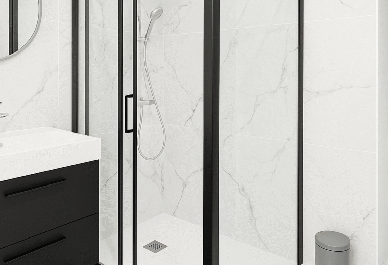 Salle de bain moderne avec carrelage effet marbre blanc, cabine de douche noire, meuble sous-vasque noir, lavabo blanc et miroir rond