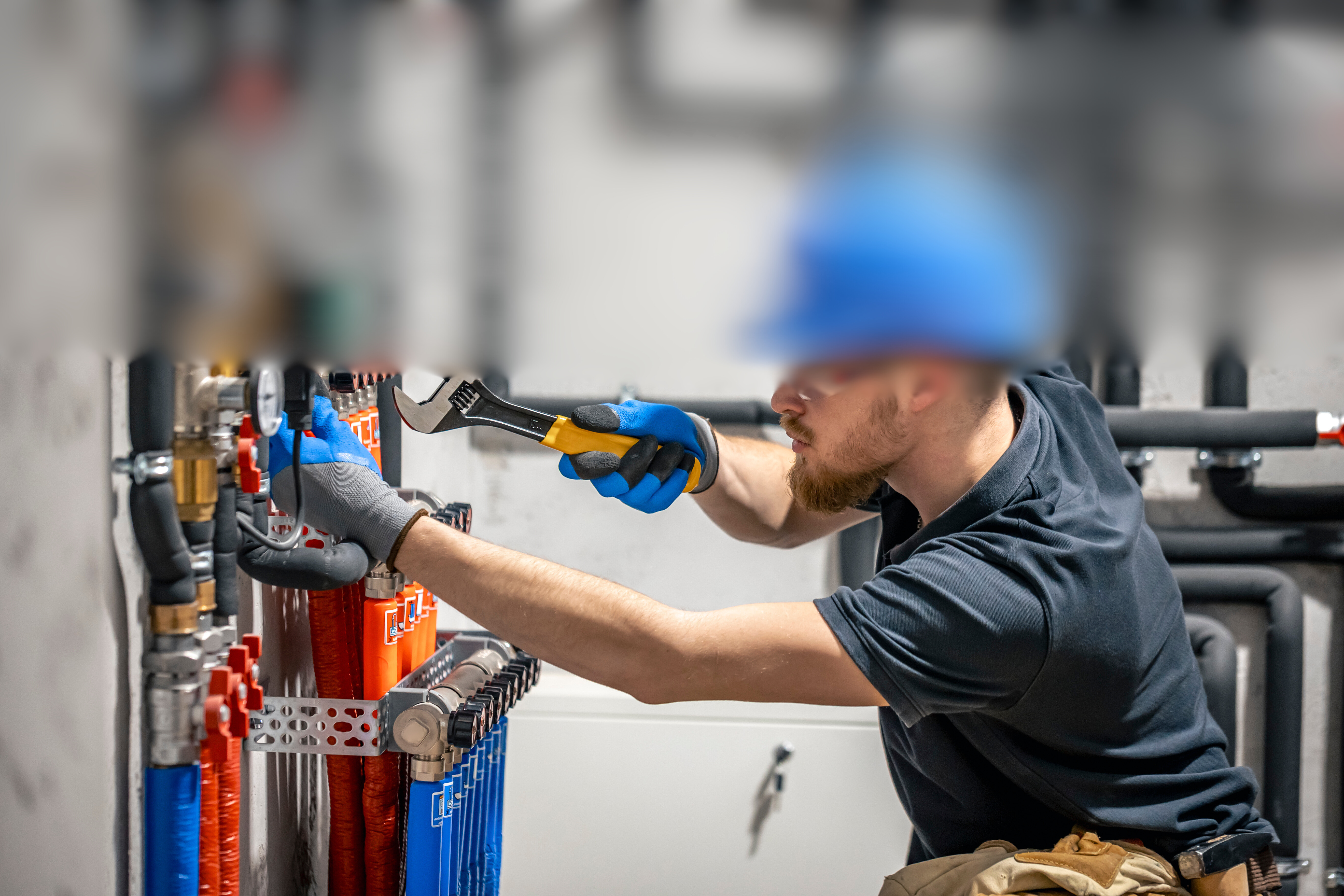 The technician checking the heating system in the boiler room. Adjusting heating valves in a residential building. A plumbing and heating technician works.